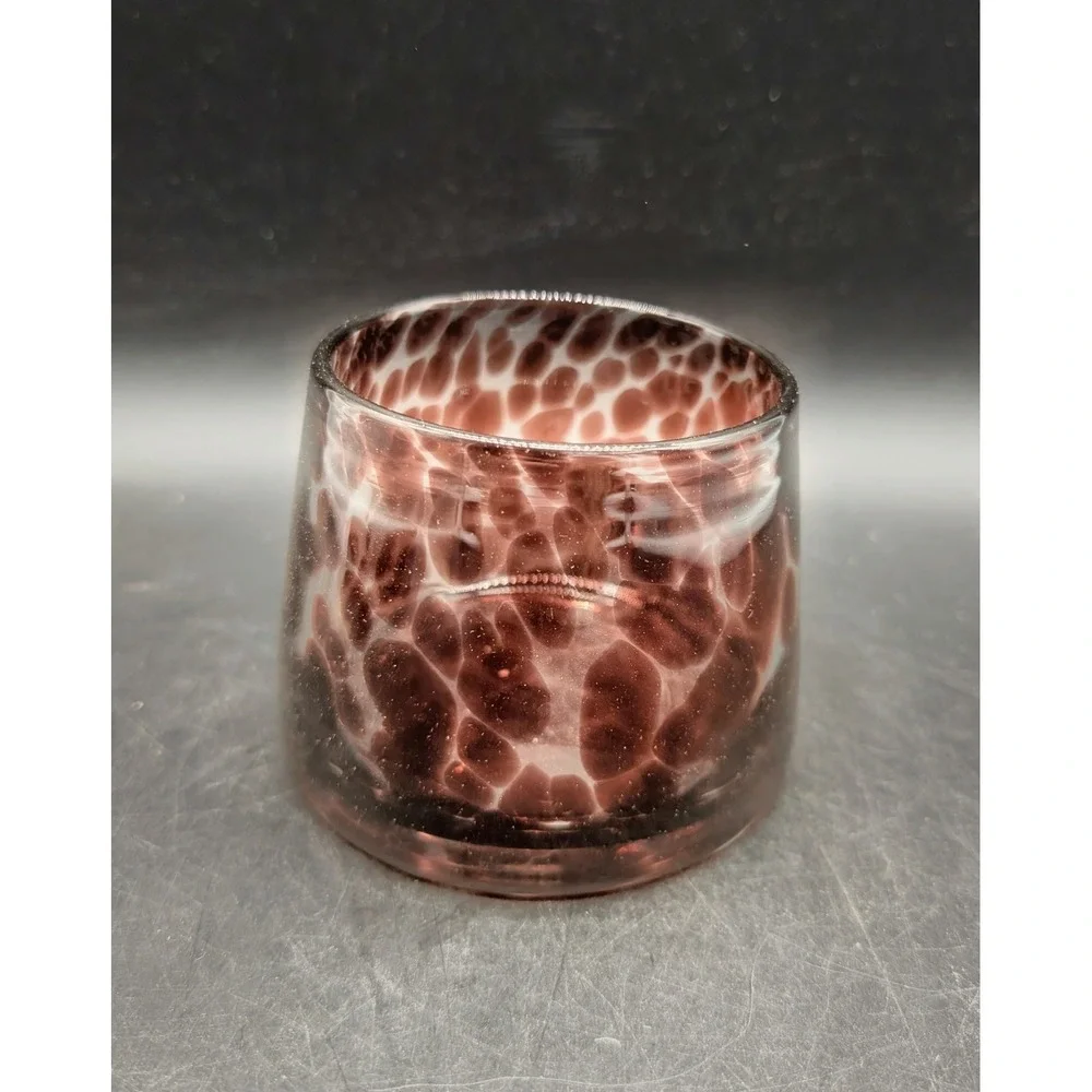 Hand‎ Blown Art Glass Tortoiseshell Votive Holder Plum Amethyst Spotted Tumbler
